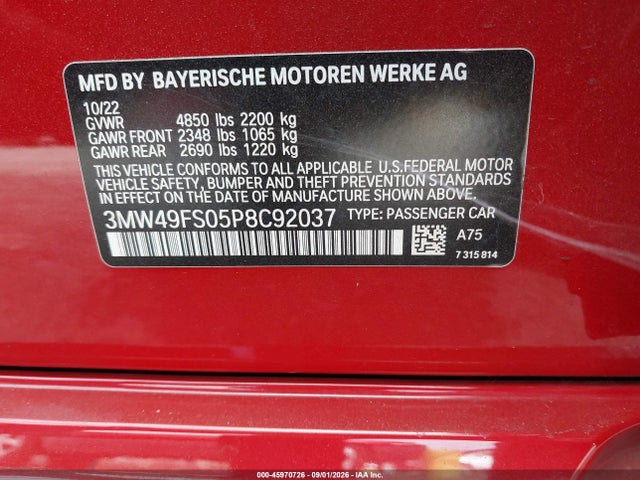 2023 Bmw M340i მანქანა იყიდება აუქციონზე, vin: 3MW49FS05P8C92037, აუქციონის ნომერი: 45970726