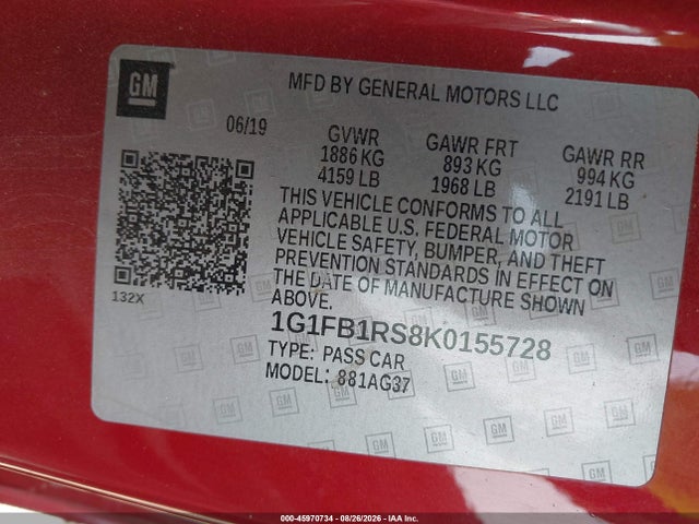 Продаж на аукціоні авто 2019 Chevrolet Camaro 1lt, vin: 1G1FB1RS8K0155728, номер лоту: 45970734