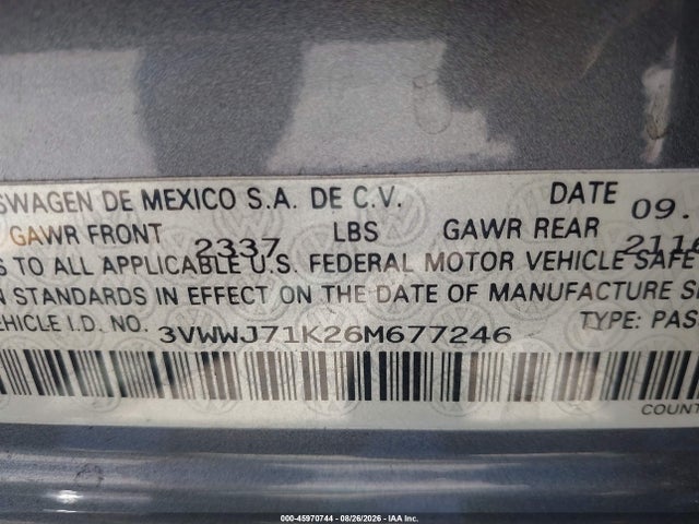 Aukcja sprzedaży 2006 Volkswagen Jetta Gli, vin: 3VWWJ71K26M677246, numer aukcji: 45970744