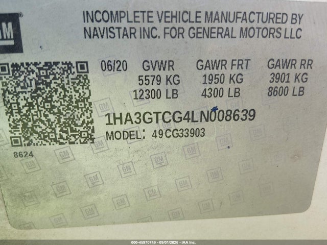 2020 Chevrolet Express Cutaway Work Van მანქანა იყიდება აუქციონზე, vin: 1HA3GTCG4LN008639, აუქციონის ნომერი: 45970749