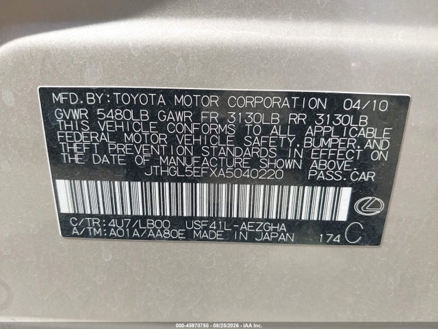 Aukcja sprzedaży 2010 Lexus Ls 460 L, vin: JTHGL5EFXA5040220, numer aukcji: 45970750