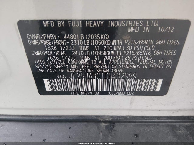 45970764 :رقم المزاد ، JF2SHABC1DH432989 vin ، 2013 Subaru Forester 2.5x مزاد بيع