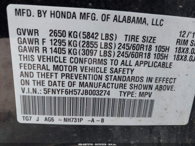 Продаж на аукціоні авто 2018 Honda Pilot Ex-l, vin: 5FNYF6H57JB003274, номер лоту: 45970765