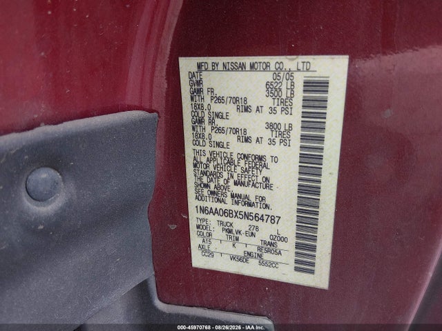 Aukcja sprzedaży 2005 Nissan Titan Le, vin: 1N6AA06BX5N564787, numer aukcji: 45970768