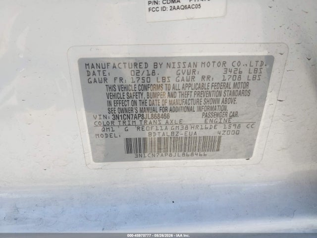 3N1CN7AP8JL868466 Nissan Versa 1.6 Sv