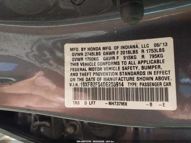 2013 Honda Civic Lx მანქანა იყიდება აუქციონზე, vin: 19XFB2F54DE255914, აუქციონის ნომერი: 45970795