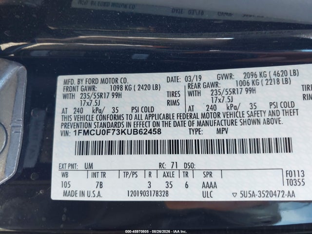 2019 Ford Escape S მანქანა იყიდება აუქციონზე, vin: 1FMCU0F73KUB62458, აუქციონის ნომერი: 45970805