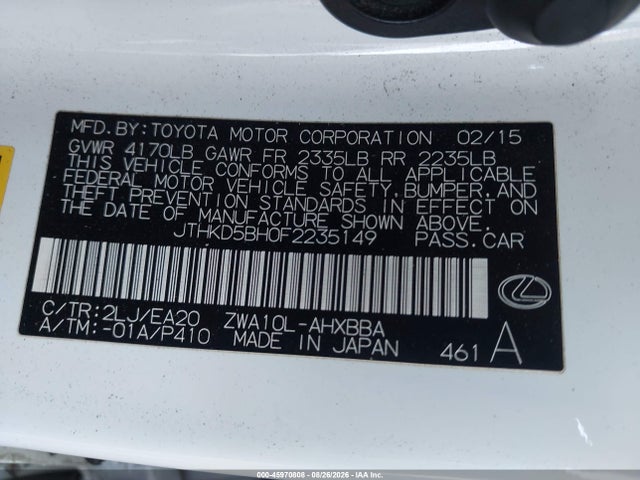 Aukcja sprzedaży 2015 Lexus Ct 200h, vin: JTHKD5BH0F2235149, numer aukcji: 45970808