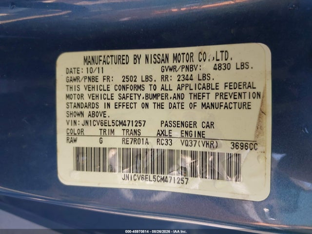 Aukcja sprzedaży 2012 Infiniti G37x, vin: JN1CV6EL5CM471257, numer aukcji: 45970814