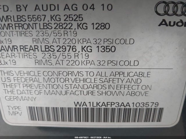 Aukcja sprzedaży 2010 Audi Q5 3.2 Premium, vin: WA1LKAFP3AA103579, numer aukcji: 45970821