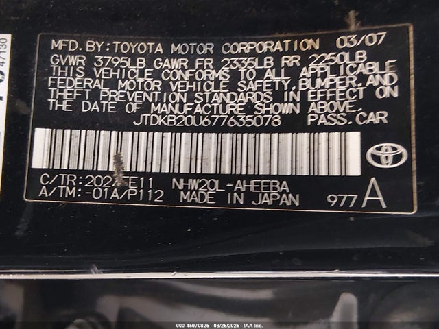 Aukcja sprzedaży 2007 Toyota Prius, vin: JTDKB20U677635078, numer aukcji: 45970825