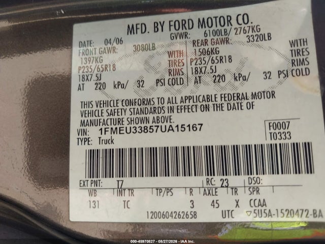 2007 Ford Explorer Sport Trac Limited მანქანა იყიდება აუქციონზე, vin: 1FMEU33857UA15167, აუქციონის ნომერი: 45970827