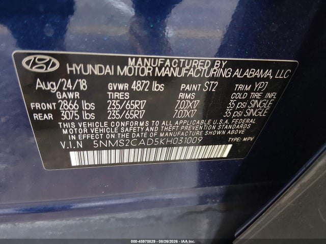 Продажа на аукционе авто 2019 Hyundai Santa Fe Se, vin: 5NMS2CAD5KH031009, номер лота: 45970829