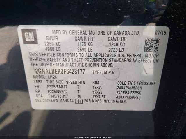 Продажа на аукционе авто 2015 Chevrolet Equinox Lt, vin: 2GNALBEK3F6423177, номер лота: 45970836