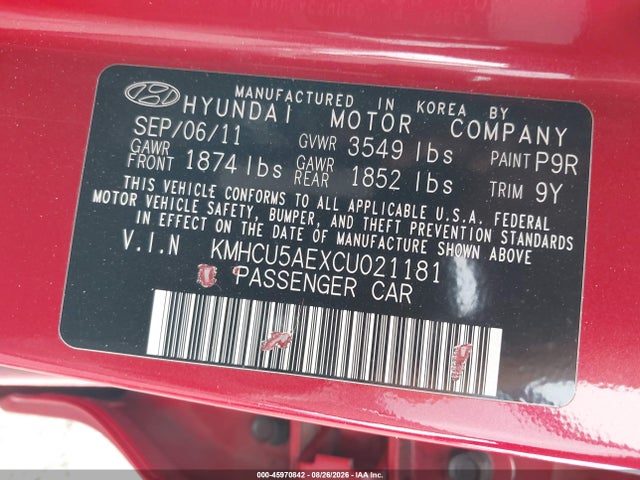 Продаж на аукціоні авто 2012 Hyundai Accent Se, vin: KMHCU5AEXCU021181, номер лоту: 45970842