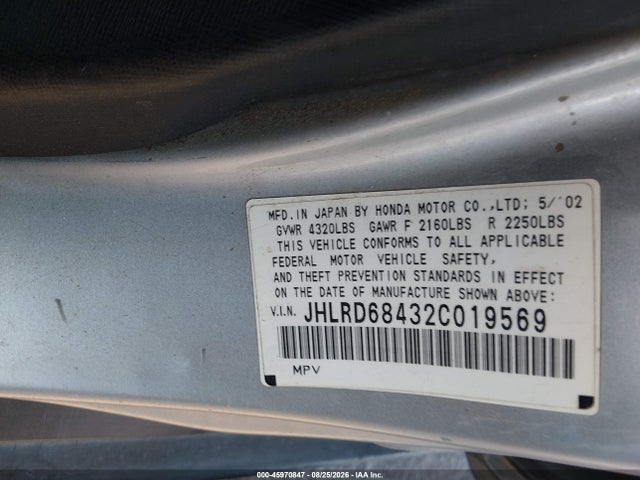 Aukcja sprzedaży 2002 Honda Cr-v Lx, vin: JHLRD68432C019569, numer aukcji: 45970847