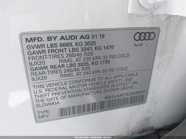 Продаж на аукціоні авто 2018 Audi Q7 3.0t Premium, vin: WA1LAAF73JD029761, номер лоту: 45970853