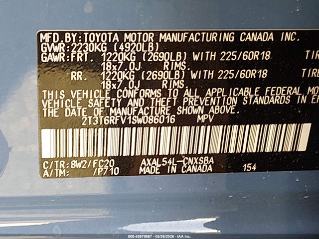 Auction sale of the 2025 Toyota Rav4 Hybrid Se, vin: 2T3T6RFV1SW086016, lot number: 45970867