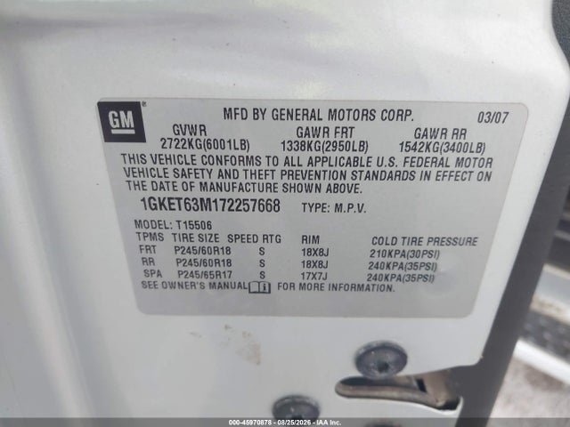 45970878 :رقم المزاد ، 1GKET63M172257668 vin ، 2007 Gmc Envoy Denali مزاد بيع