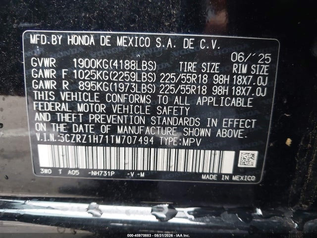 Продаж на аукціоні авто 2026 Honda Hr-v 2wd Ex-l, vin: 3CZRZ1H71TM707494, номер лоту: 45970883