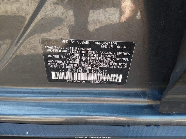 Aukcja sprzedaży 2020 Subaru Crosstrek Premium, vin: JF2GTAEC3LH272810, numer aukcji: 45970887