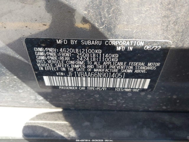 Aukcja sprzedaży 2022 Subaru Wrx, vin: JF1VBAA66N9014051, numer aukcji: 45970914