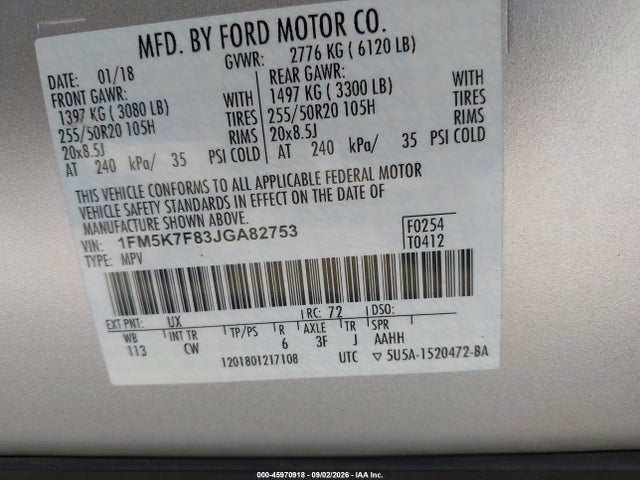 2018 Ford Explorer Limited მანქანა იყიდება აუქციონზე, vin: 1FM5K7F83JGA82753, აუქციონის ნომერი: 45970918