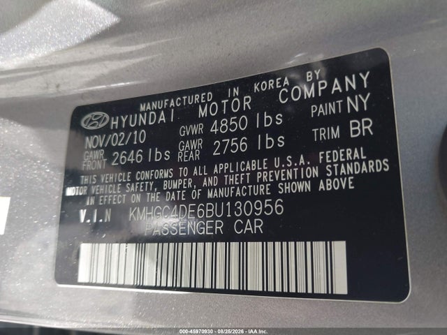 Aukcja sprzedaży 2011 Hyundai Genesis 3.8, vin: KMHGC4DE6BU130956, numer aukcji: 45970930