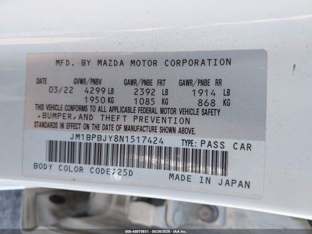 Aukcja sprzedaży 2022 Mazda Mazda3 2.5 Turbo, vin: JM1BPBJY8N1517424, numer aukcji: 45970931