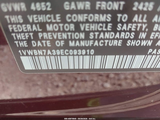 Aukcja sprzedaży 2014 Volkswagen Passat 2.0l Tdi Se, vin: 1VWBN7A39EC093910, numer aukcji: 45970949