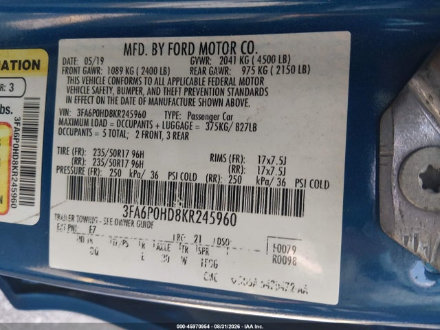 Продажа на аукционе авто 2019 Ford Fusion Se, vin: 3FA6P0HD8KR245960, номер лота: 45970954