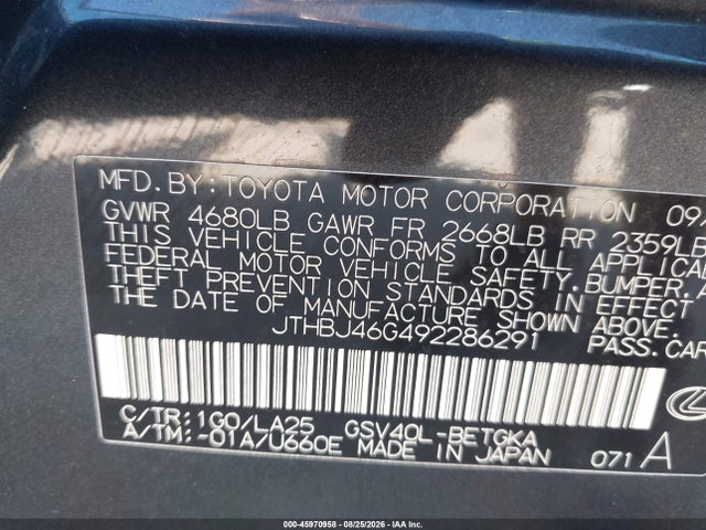 Продажа на аукционе авто 2009 Lexus Es 350, vin: JTHBJ46G492286291, номер лота: 45970958