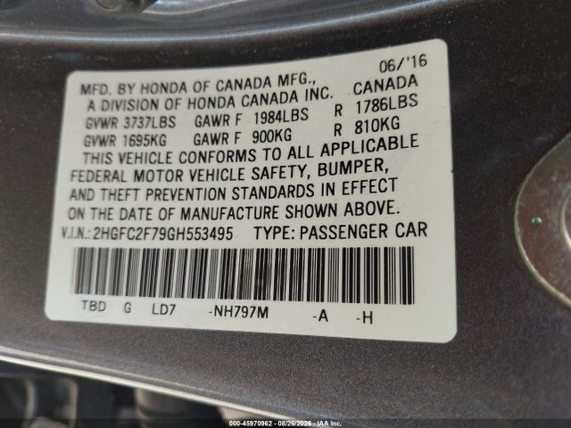 Honda CIVIC EX 2016 2HGFC2F79GH553495 Image 9