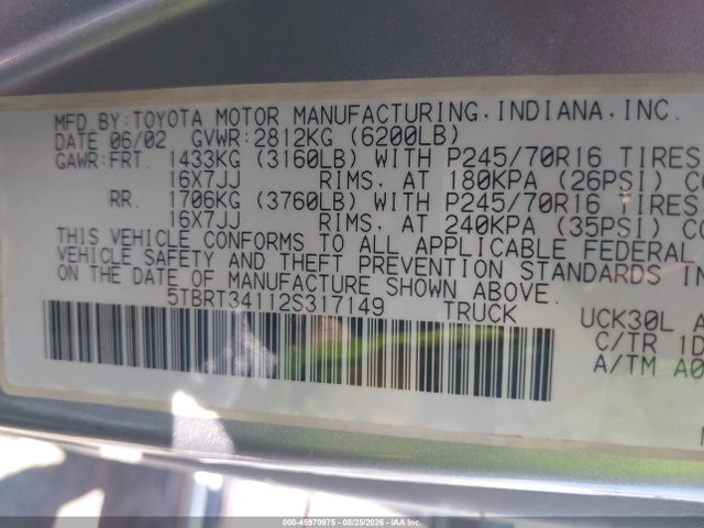 Auction sale of the 2002 Toyota Tundra Sr5 V8, vin: 5TBRT34112S317149, lot number: 45970975