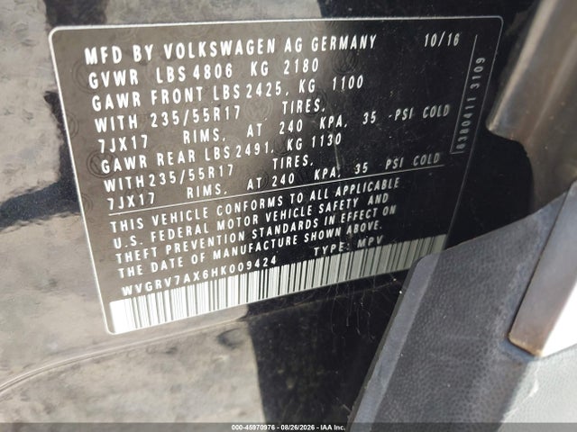 45970976 :رقم المزاد ، WVGRV7AX6HK009424 vin ، 2017 Volkswagen Tiguan 2.0t Wolfsburg Edition مزاد بيع