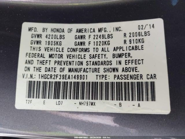 Honda ACCORD LX 2014 1HGCR2F39EA149901 Image 9