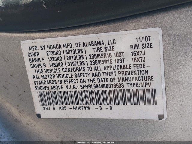 Продаж на аукціоні авто 2008 Honda Odyssey Ex, vin: 5FNRL38448B013533, номер лоту: 45971001