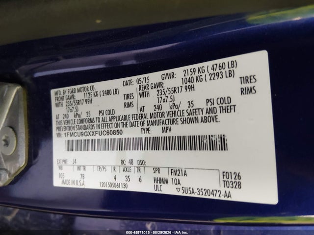 2015 Ford Escape Se მანქანა იყიდება აუქციონზე, vin: 1FMCU9GXXFUC60850, აუქციონის ნომერი: 45971015