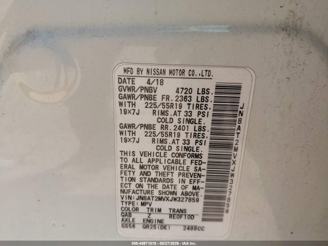 45971018 :رقم المزاد ، JN8AT2MVXJW327859 vin ، 2018 Nissan Rogue Sl مزاد بيع
