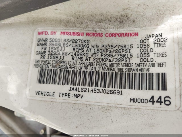 45971032 :رقم المزاد ، JA4LS21H53J026691 vin ، 2003 Mitsubishi Montero Sport Es/ls مزاد بيع