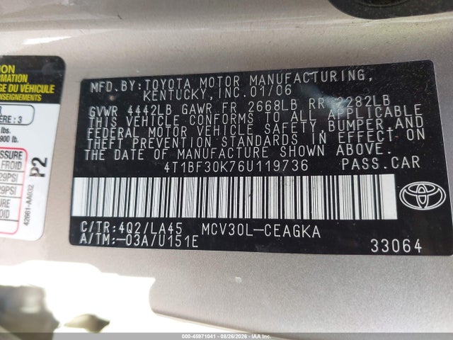 Продажа на аукционе авто 2006 Toyota Camry Xle V6, vin: 4T1BF30K76U119736, номер лота: 45971041