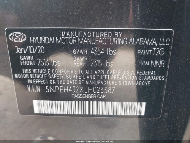 2020 Hyundai Sonata Limited მანქანა იყიდება აუქციონზე, vin: 5NPEH4J2XLH023587, აუქციონის ნომერი: 45971060