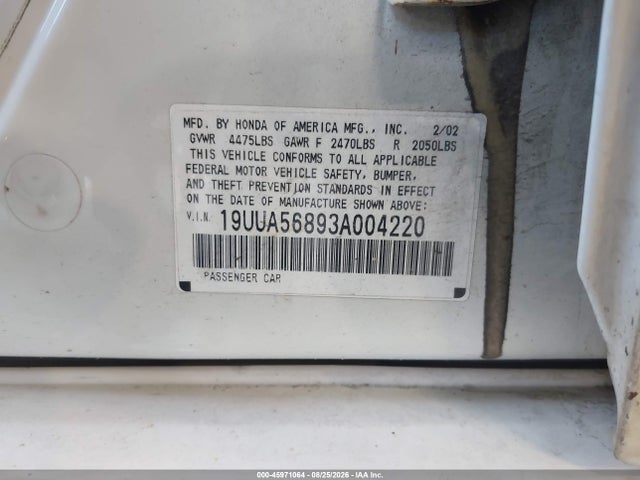 Aukcja sprzedaży 2003 Acura Tl 3.2 Type S, vin: 19UUA56893A004220, numer aukcji: 45971064