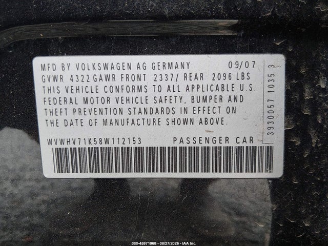 Auction sale of the 2008 Volkswagen Gti 4-door, vin: WVWHV71K58W112153, lot number: 45971068