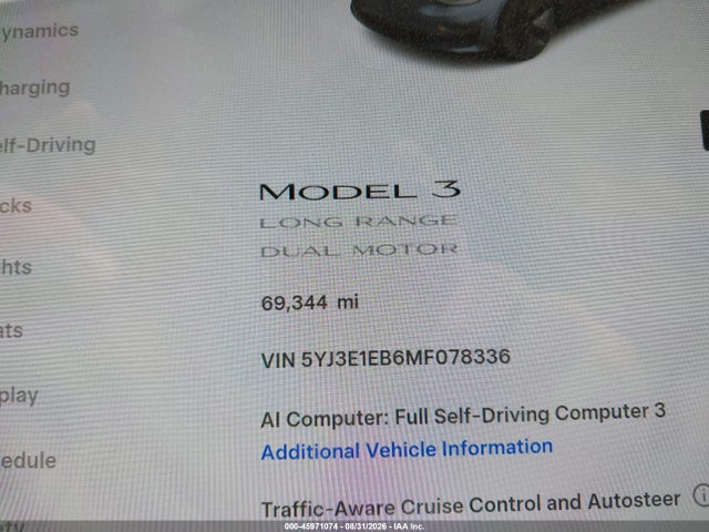 Продаж на аукціоні авто 2021 Tesla Model 3 Long Range Dual Motor All-wheel Drive, vin: 5YJ3E1EB6MF078336, номер лоту: 45971074