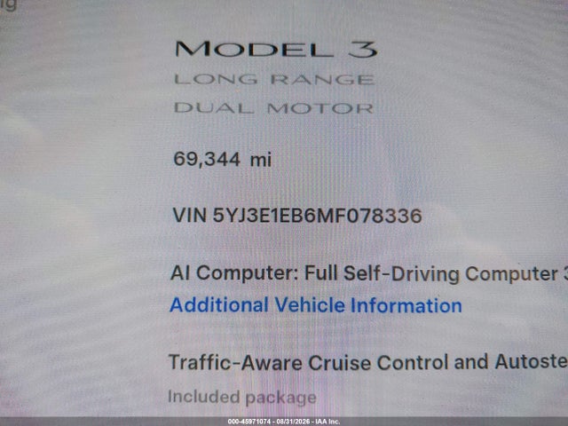 Продаж на аукціоні авто 2021 Tesla Model 3 Long Range Dual Motor All-wheel Drive, vin: 5YJ3E1EB6MF078336, номер лоту: 45971074