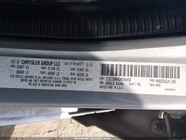 2013 Chrysler 200 Lx მანქანა იყიდება აუქციონზე, vin: 1C3CCBABXDN734058, აუქციონის ნომერი: 45971084