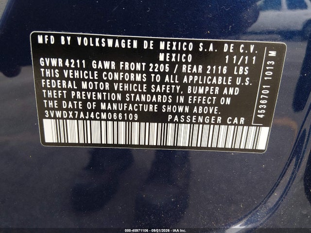 45971106 :رقم المزاد ، 3VWDX7AJ4CM066109 vin ، 2012 Volkswagen Jetta 2.5l Se مزاد بيع