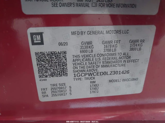 45971113 :رقم المزاد ، 1GCPWCED0LZ301426 vin ، 2020 Chevrolet Silverado 1500 2wd  Short Bed Lt مزاد بيع