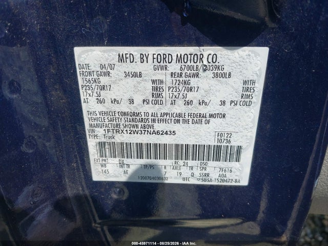 Auction sale of the 2007 Ford F-150 Stx/xl/xlt, vin: 1FTRX12W37NA62435, lot number: 45971114
